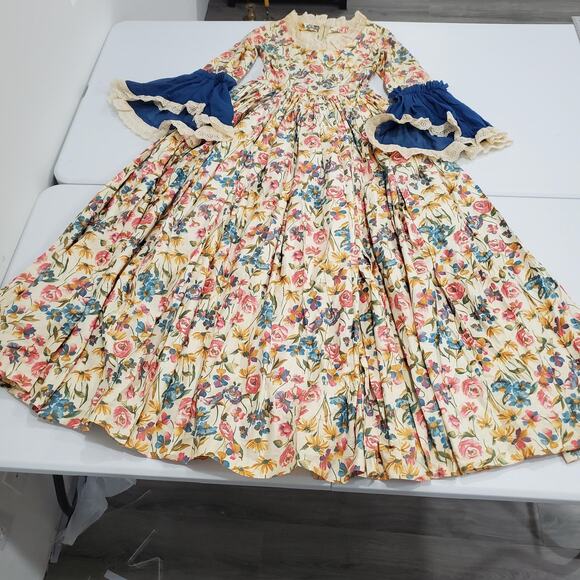 Vintage Floral Prairie Maxi Dress Small Medieval Full Skirt Bell Sleeves Cream - Picture 2 of 11